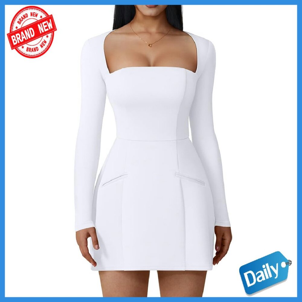 Sexy Square Neck Long Sleeve A-Line Mini Dress With Pocket